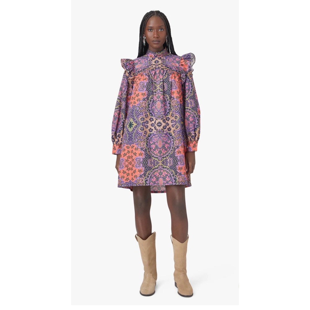 XIRENA Nyla Dress Black Opal Paisley Floral Ruffle Mini Cotton NEW Small Garden